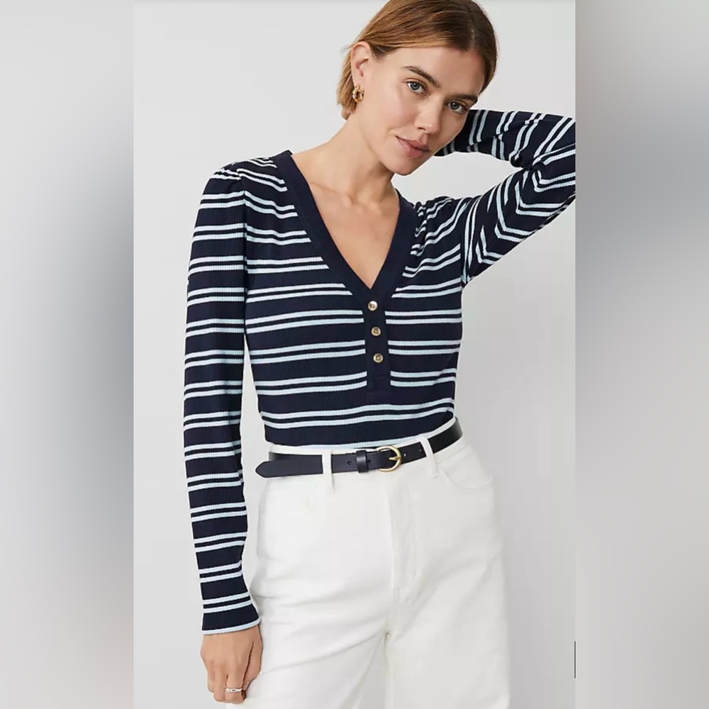 Ann Taylor Petite Weekend Collection Striped Puff Sleeve Top - Picture 2 of 4